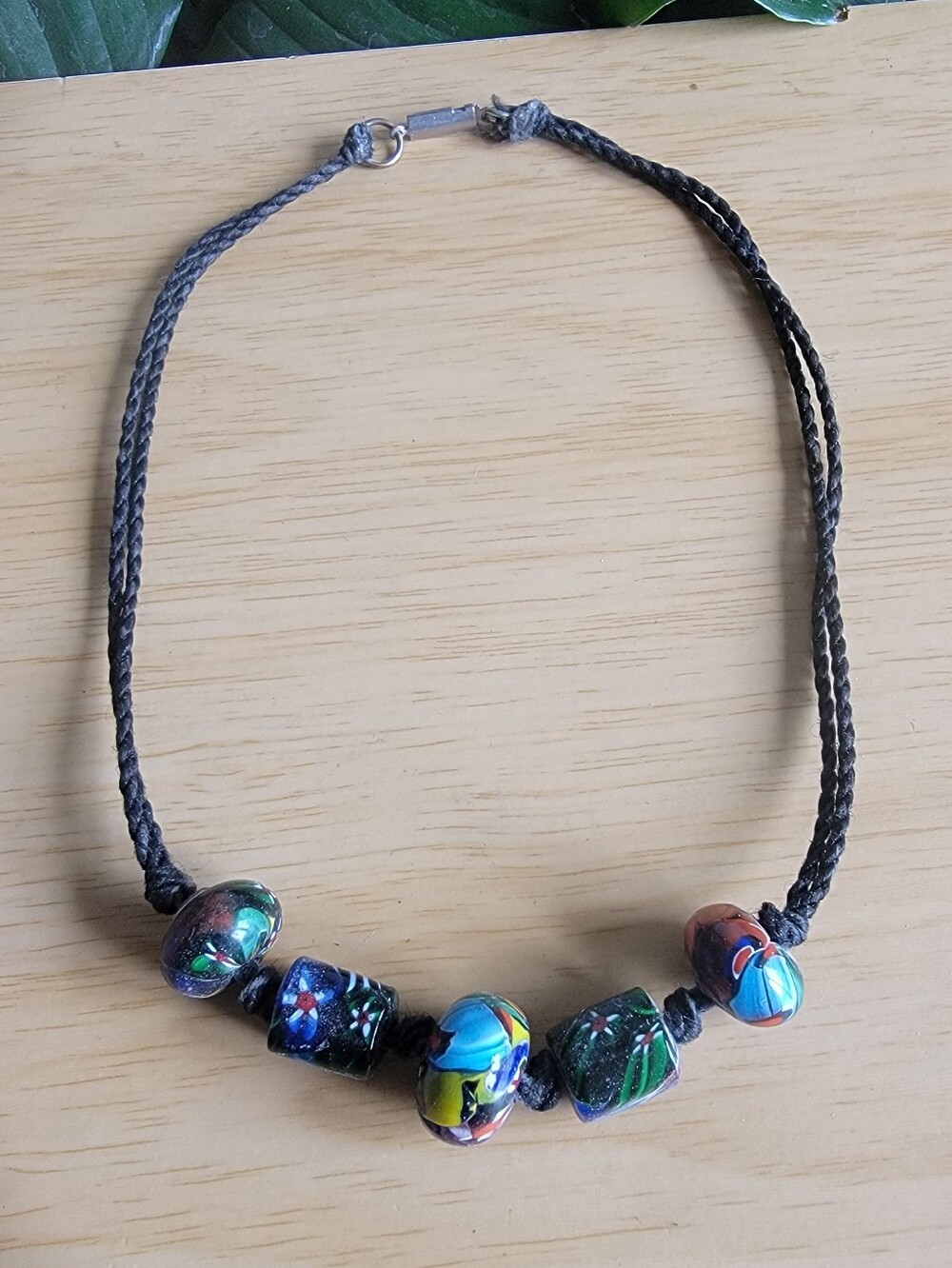 Vintage Handcrated  Mossaic  Glass Bead Necklace on Braided Cord